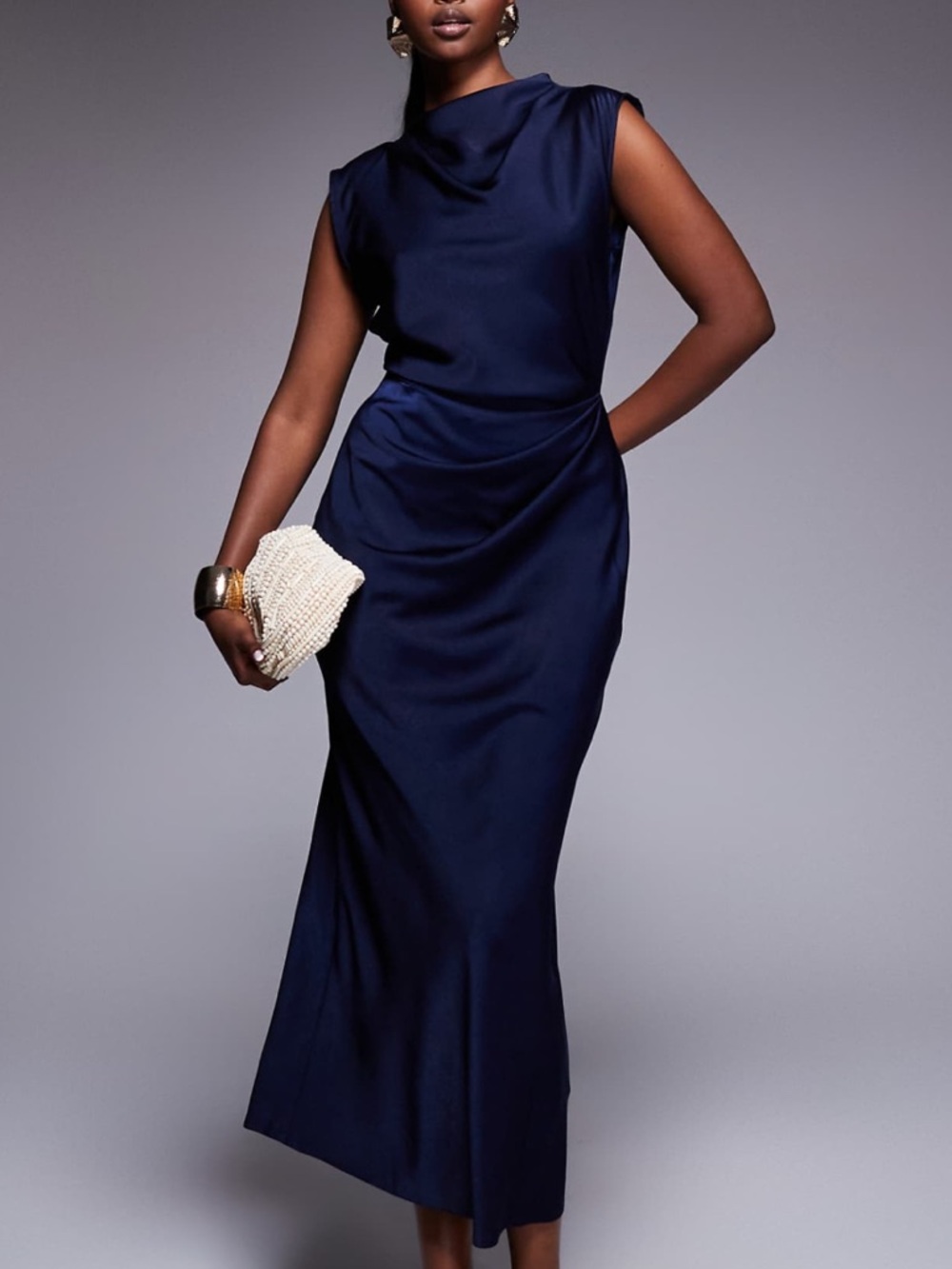 Sleek Navy Sleeveless Cowl Neck Maxi Dress
